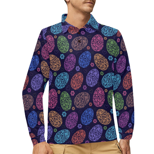Easter Eggs Pattern Print Design RB012 Long Sleeve Polo Shirt For Men's