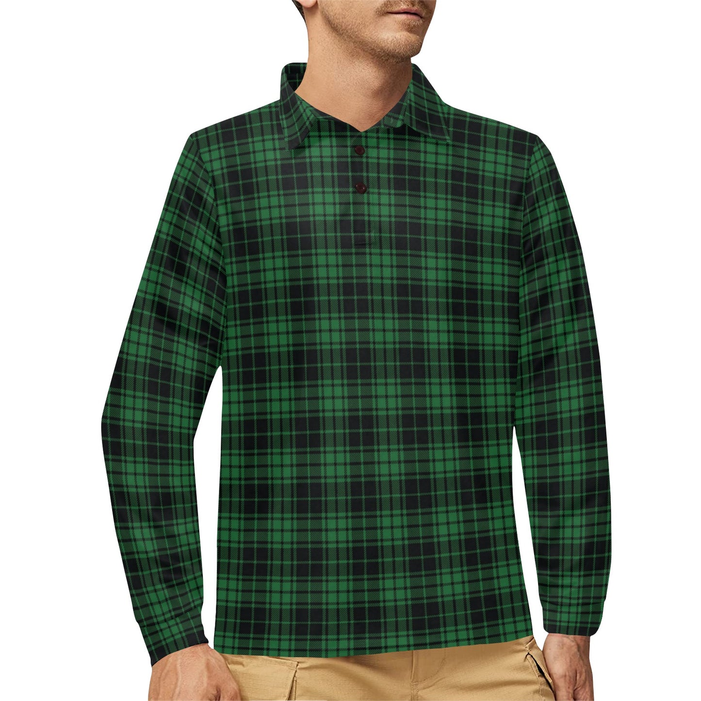 Green Tartan Plaid Pattern Long Sleeve Polo Shirt For Men's