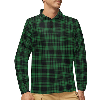 Green Tartan Plaid Pattern Long Sleeve Polo Shirt For Men's