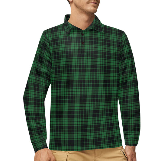 Green Tartan Plaid Pattern Long Sleeve Polo Shirt For Men's