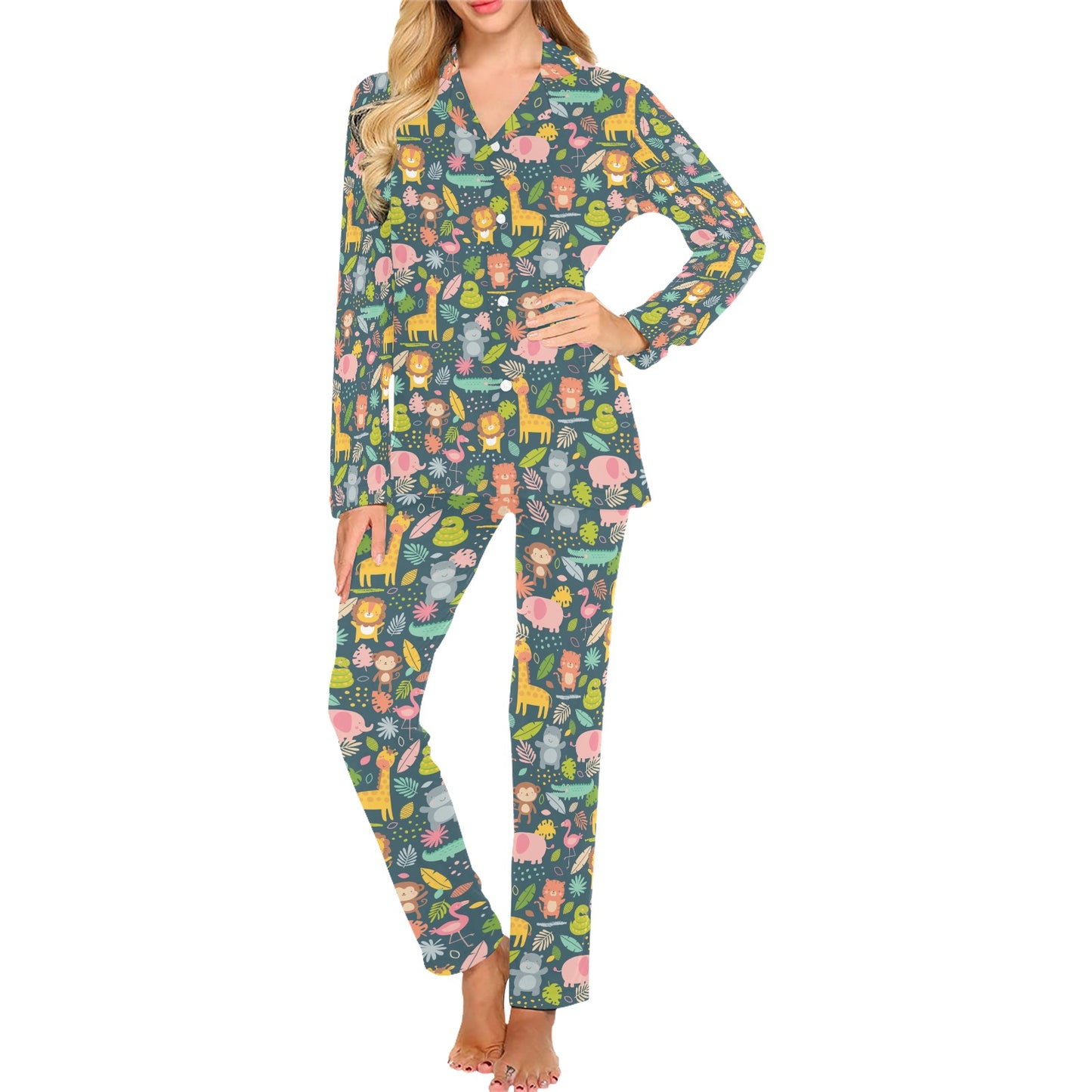 Safari Animal Cartoon Print Design LKS305 Women's Long Pajama Set