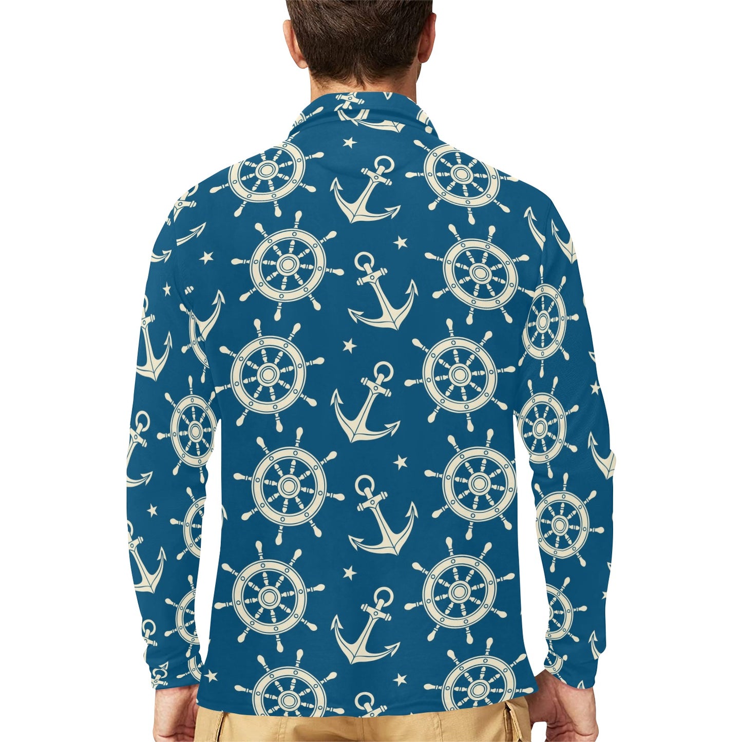 Anchor Pattern Print Design 01 Long Sleeve Polo Shirt For Men's