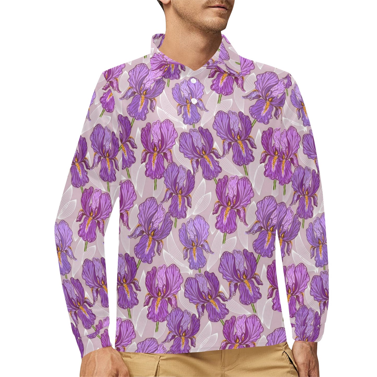 Iris Pattern Print Design IR05 Long Sleeve Polo Shirt For Men's