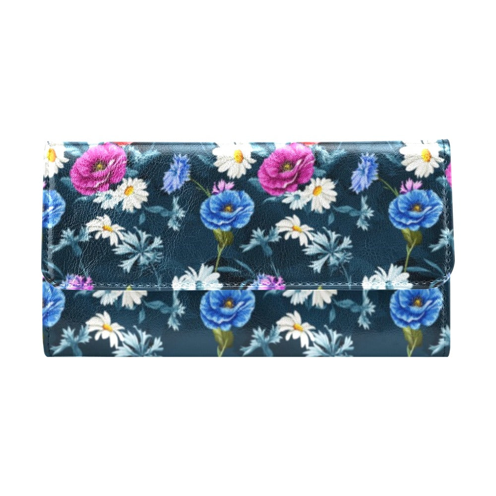 Floral Blue Themed Print Women's Trifold Wallet