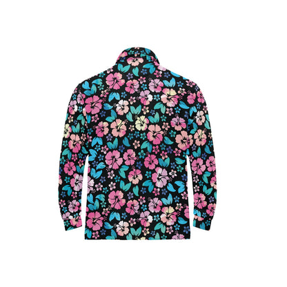 Pink Hibiscus Hawaiian Flower Long Sleeve Polo Shirt For Men's