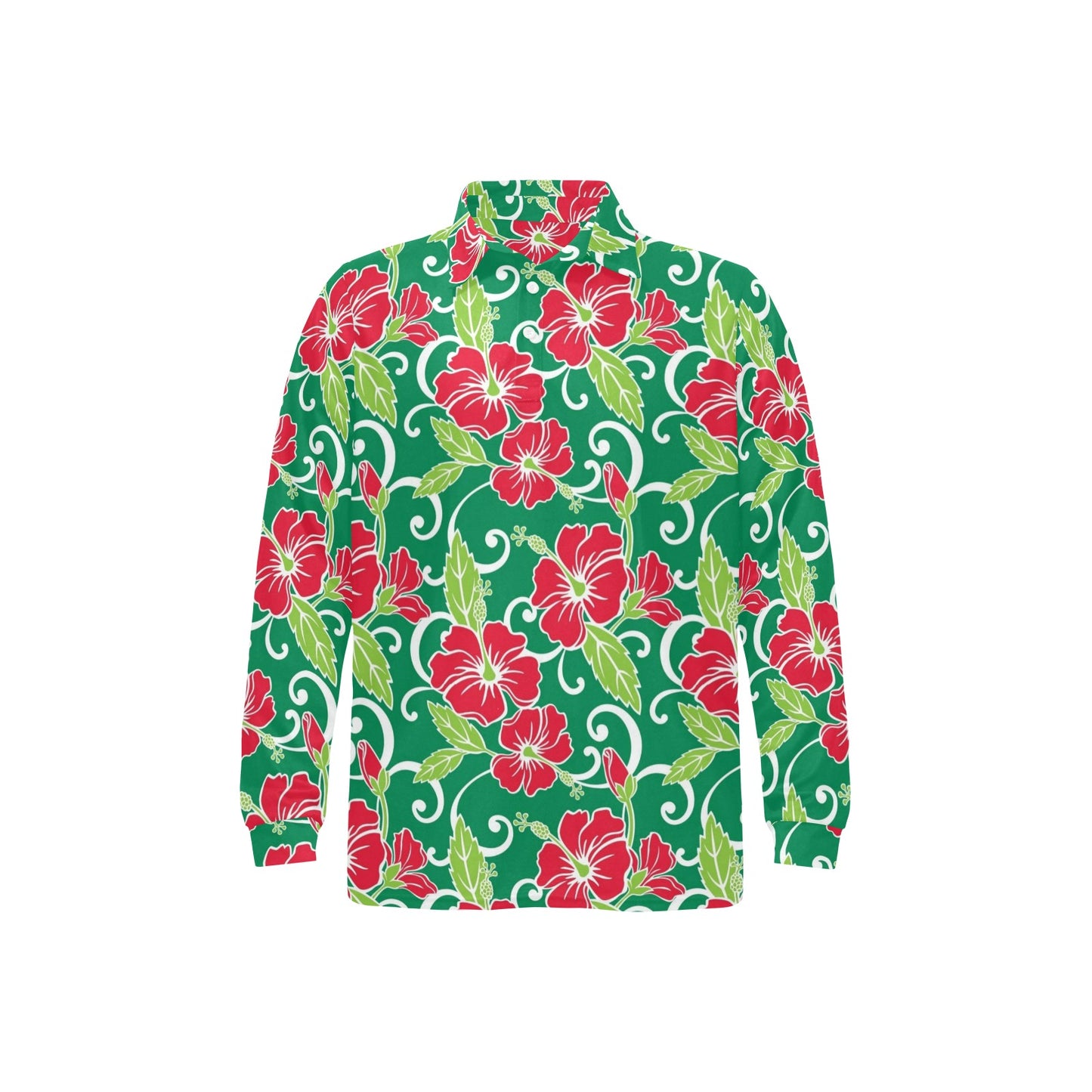 Red Hibiscus Pattern Print Design HB019 Long Sleeve Polo Shirt For Men's