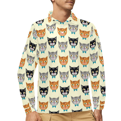 Cat Pattern Print Design 05 Long Sleeve Polo Shirt For Men's