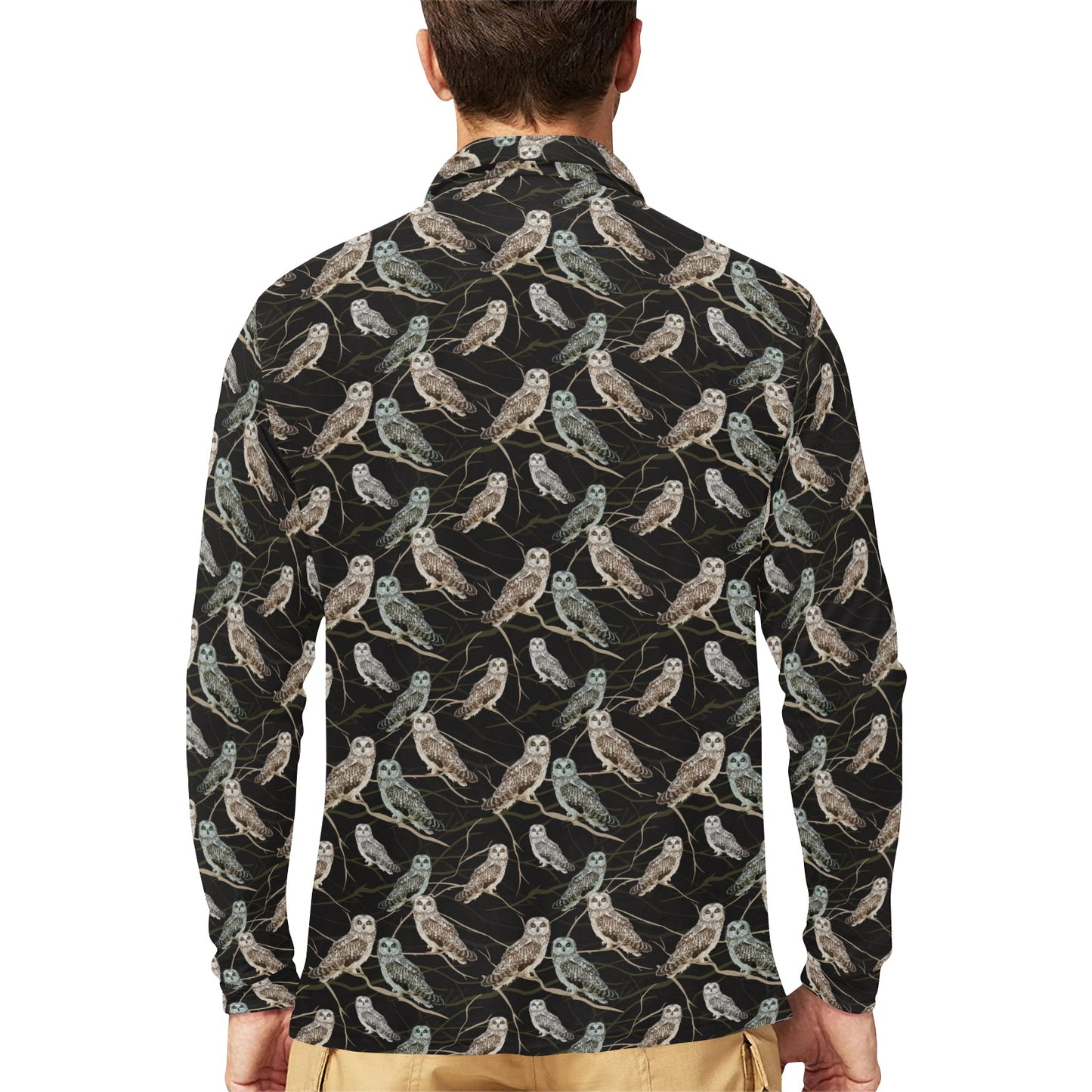 Owl Branch Themed Design Print Long Sleeve Polo Shirt For Men's