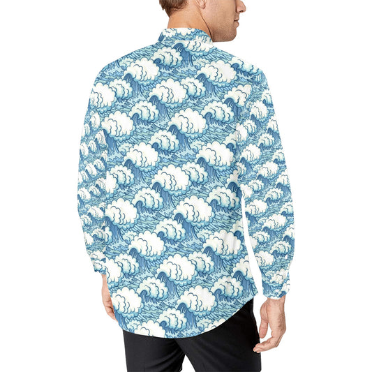Wave Japan Style Print Design LKS304 Men's Long Sleeve Dress Shirt