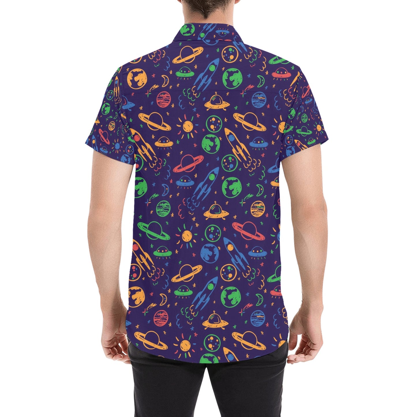UFO Space Rocket Print Design LKS302 Men Short Sleeve Button Up Shirt