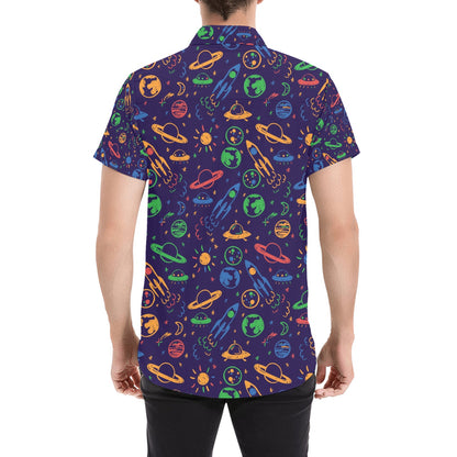 UFO Space Rocket Print Design LKS302 Men Short Sleeve Button Up Shirt