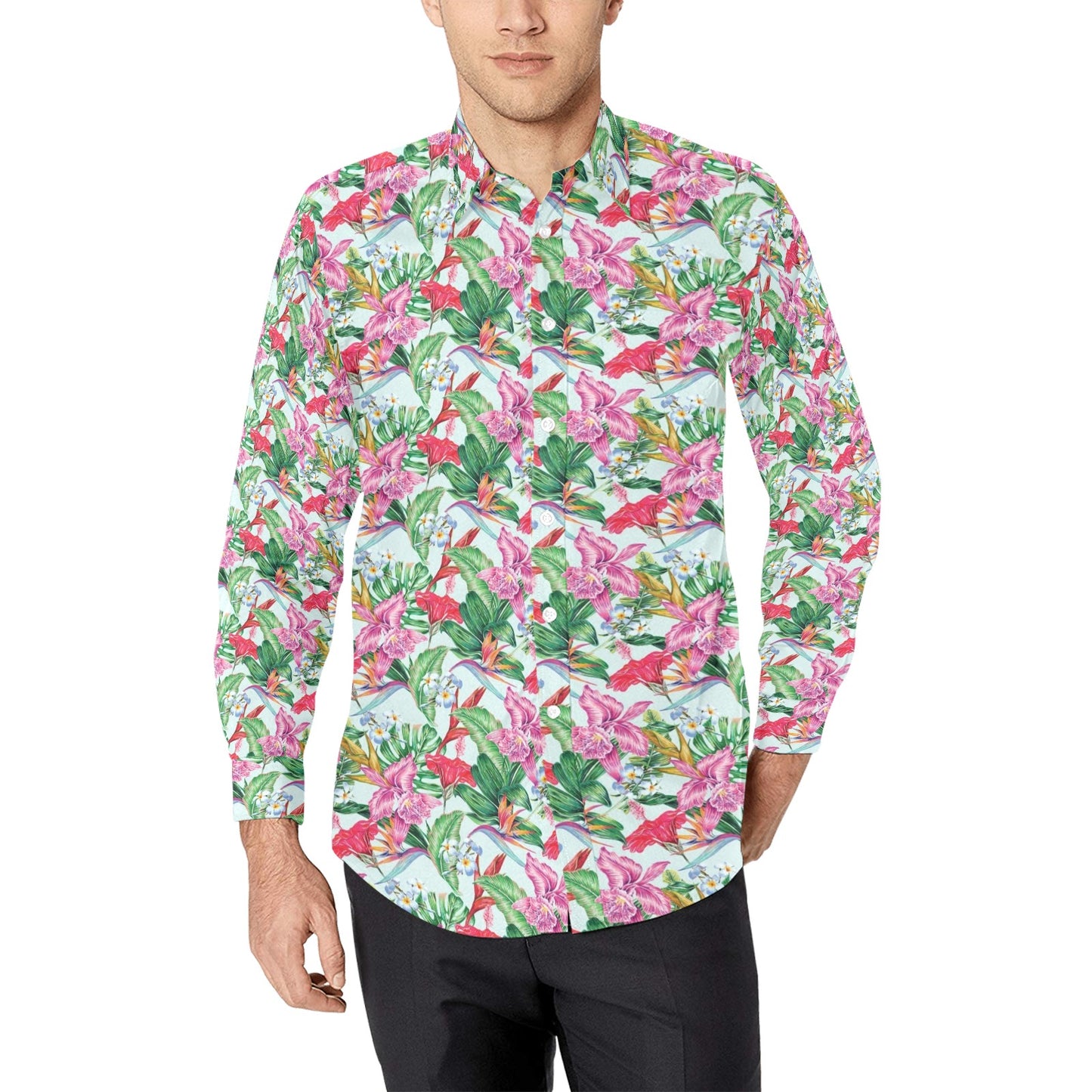 Tropical Flower Print Design LKS304 Men's Long Sleeve Dress Shirt