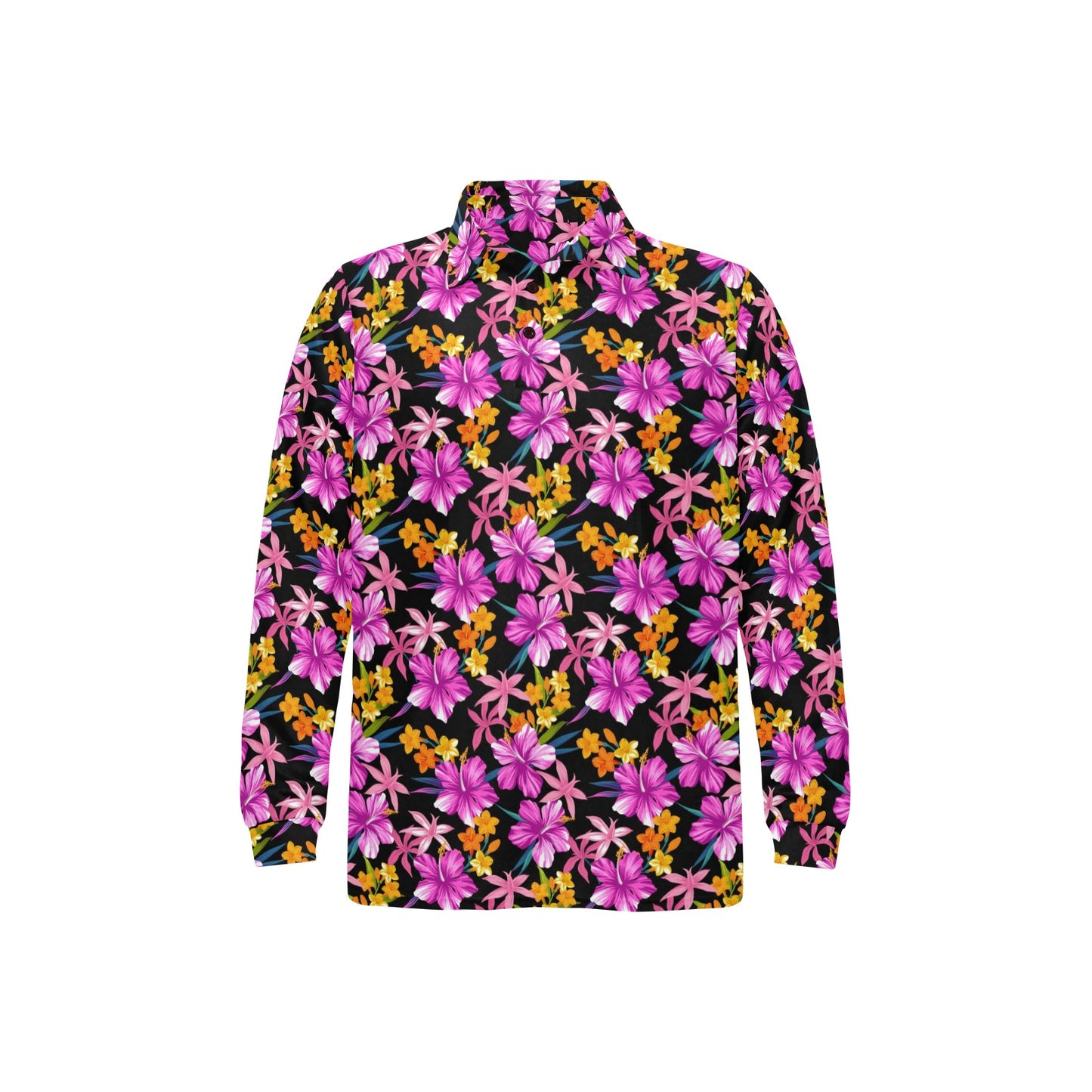 Tropical Folower Pink Hibiscus Print Long Sleeve Polo Shirt For Men's