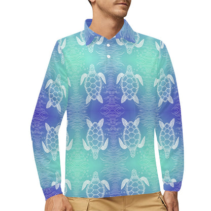 Sea Turtle Draw Long Sleeve Polo Shirt For Men's