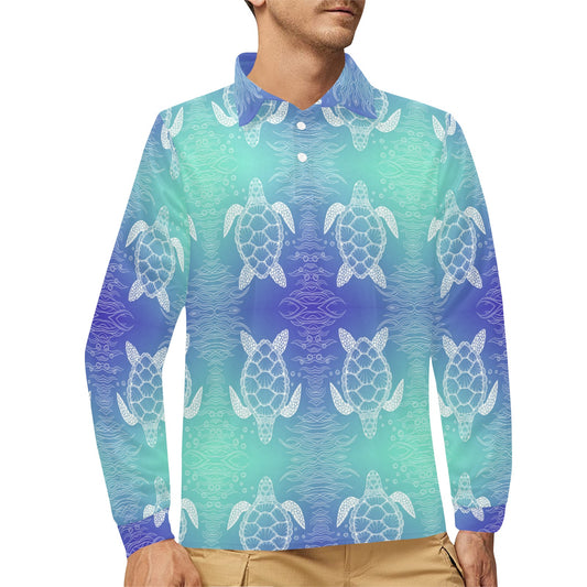 Sea Turtle Draw Long Sleeve Polo Shirt For Men's
