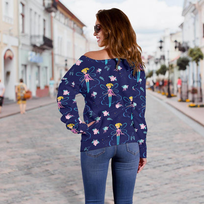Fairy Cartoon Style Print Pattern Off Shoulder Sweatshirt