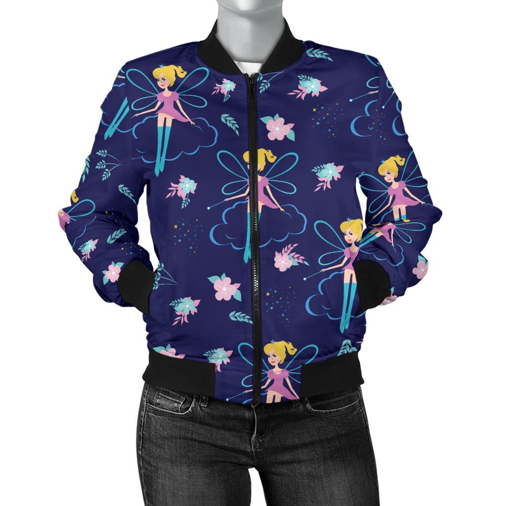 Fairy Cartoon Style Print Pattern Women Casual Bomber Jacket