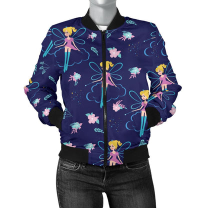 Fairy Cartoon Style Print Pattern Women Casual Bomber Jacket