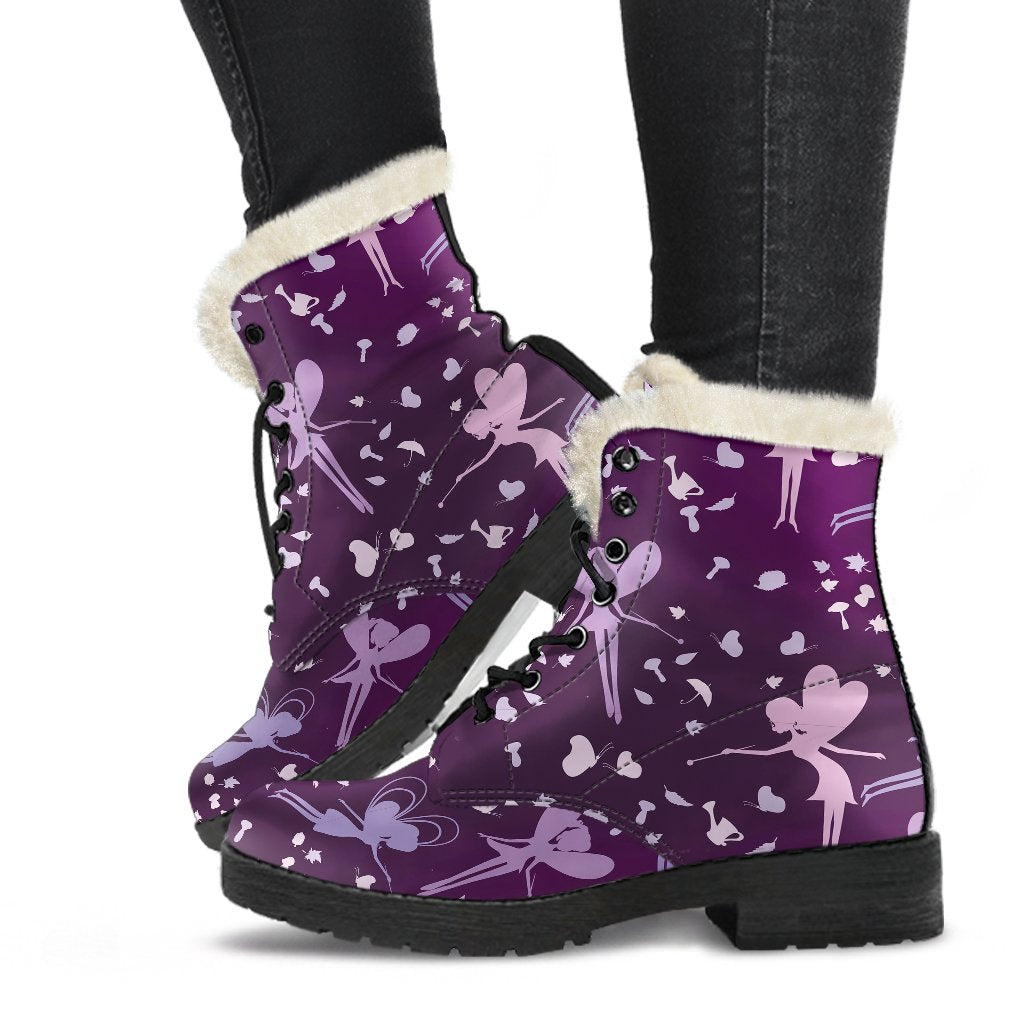 Fairy Pink Print Pattern Faux Fur Leather Boots-JTAMIGO.COM