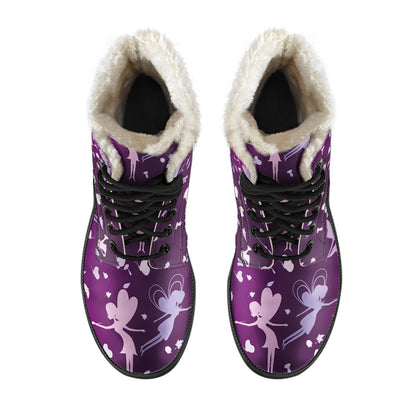 Fairy Pink Print Pattern Faux Fur Leather Boots-JTAMIGO.COM