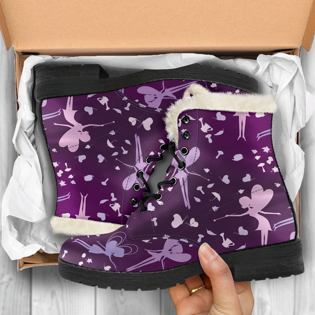 Fairy Pink Print Pattern Faux Fur Leather Boots-JTAMIGO.COM