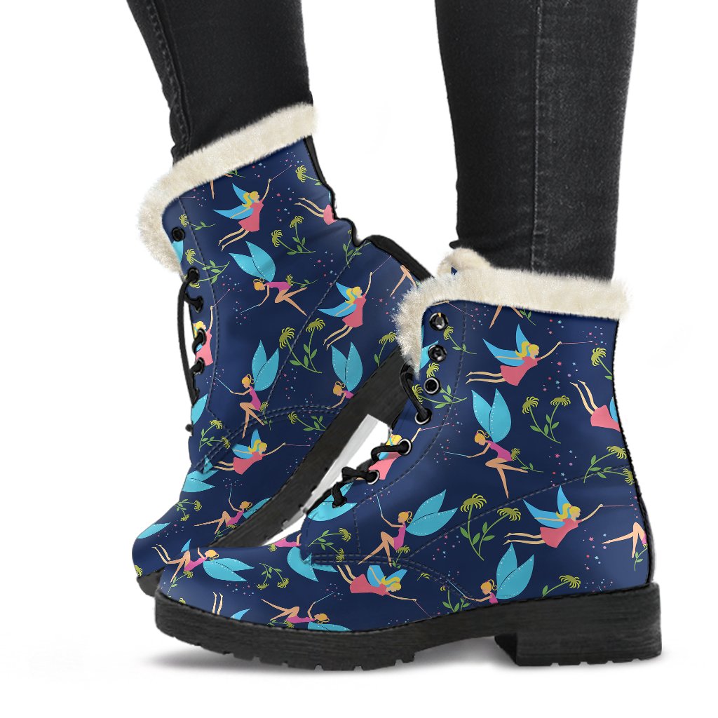 Fairy with flower Print Pattern Faux Fur Leather Boots-JTAMIGO.COM