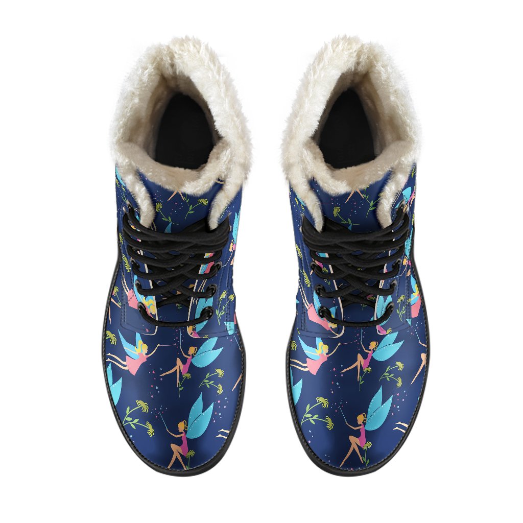 Fairy with flower Print Pattern Faux Fur Leather Boots-JTAMIGO.COM