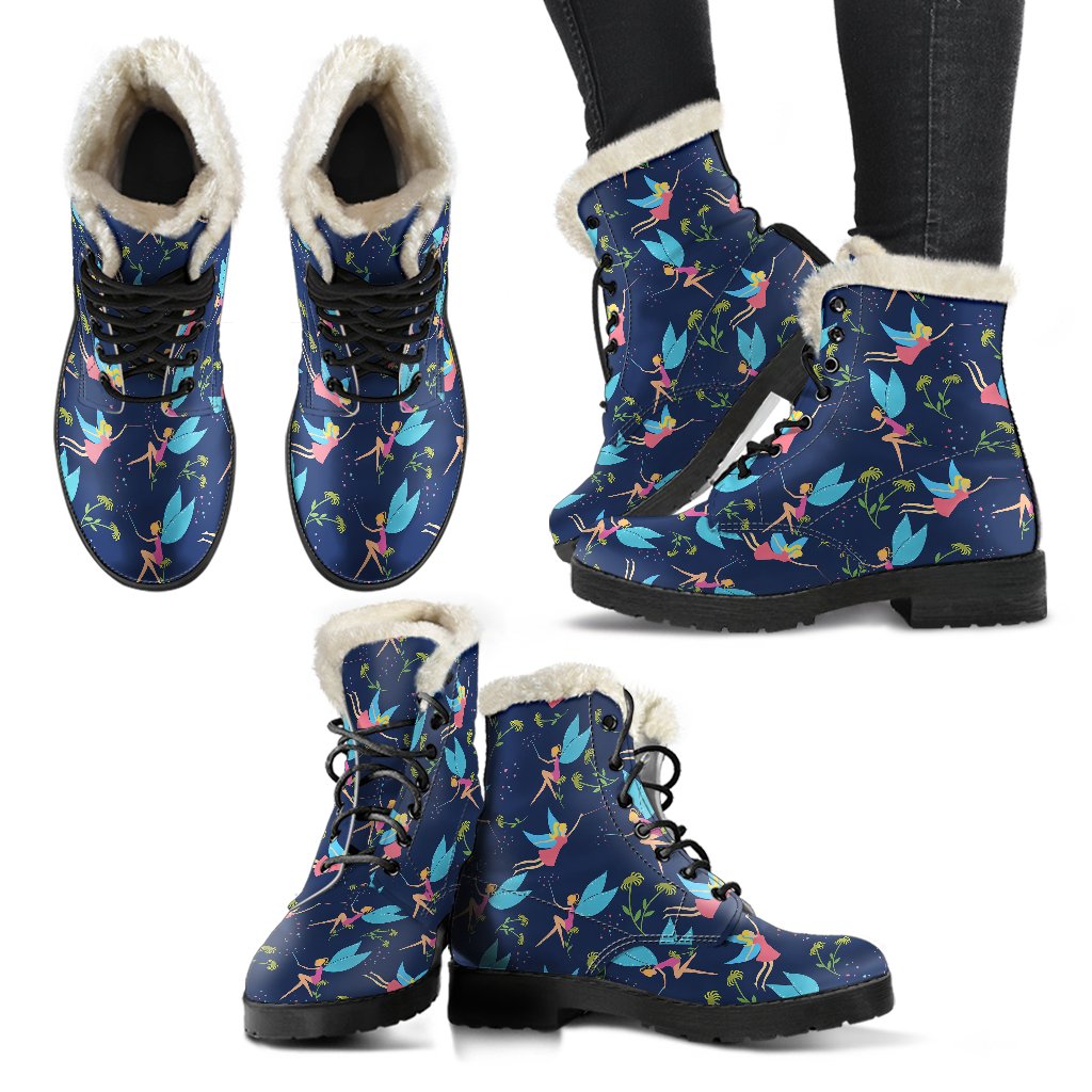 Fairy with flower Print Pattern Faux Fur Leather Boots-JTAMIGO.COM