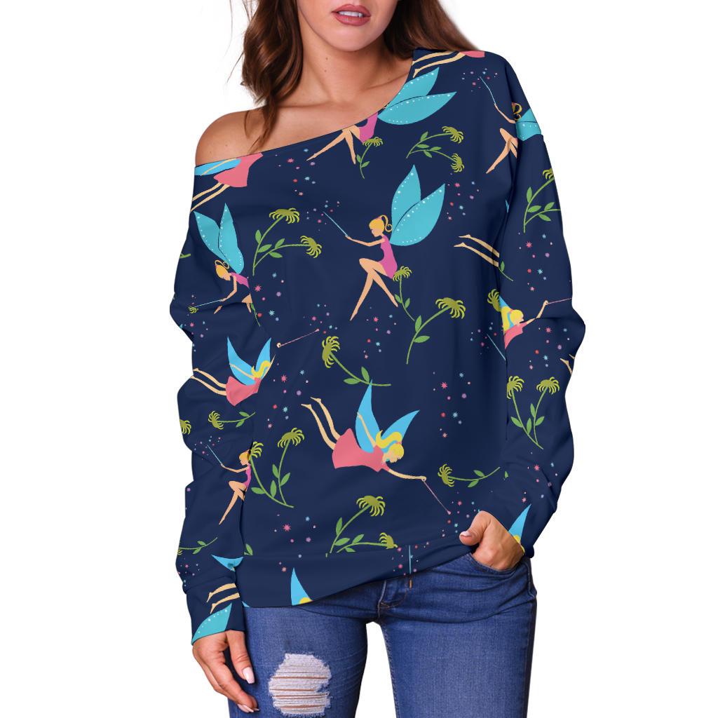 Fairy With Flower Print Pattern Off Shoulder Sweatshirt