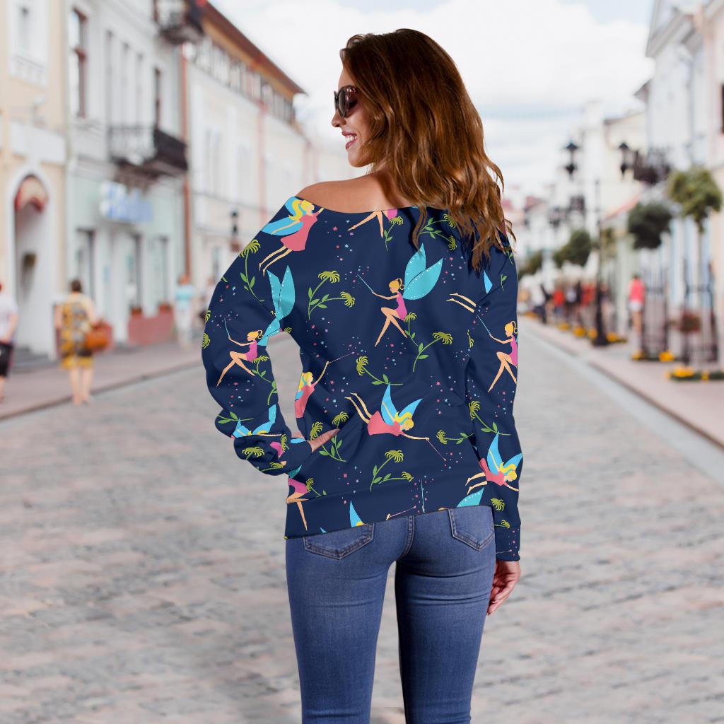 Fairy With Flower Print Pattern Off Shoulder Sweatshirt