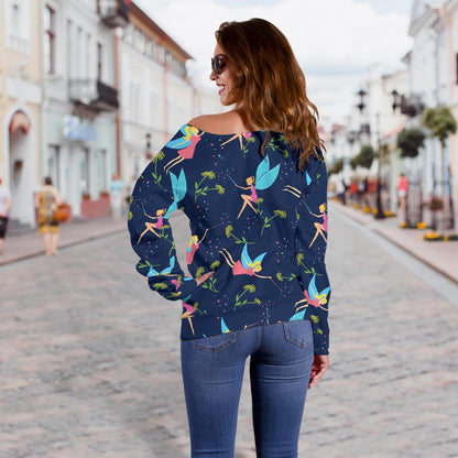Fairy With Flower Print Pattern Off Shoulder Sweatshirt