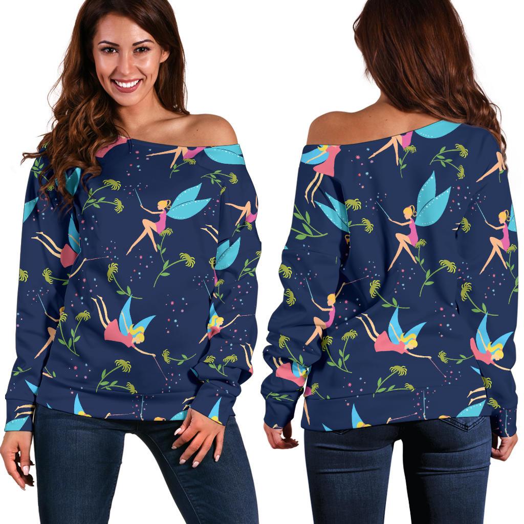 Fairy With Flower Print Pattern Off Shoulder Sweatshirt