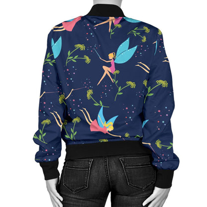 Fairy With Flower Print Pattern Women Casual Bomber Jacket