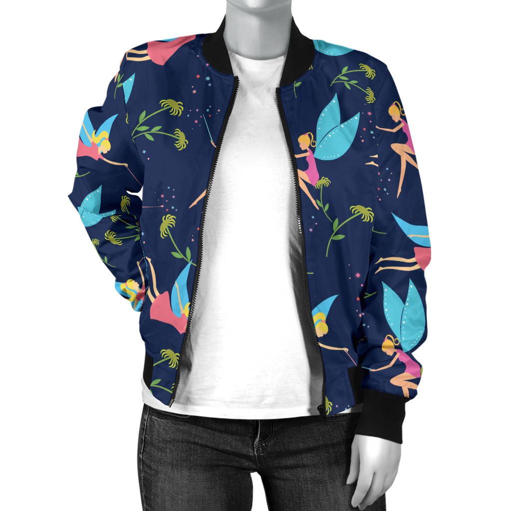 Fairy With Flower Print Pattern Women Casual Bomber Jacket