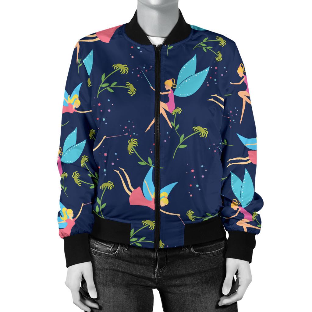 Fairy With Flower Print Pattern Women Casual Bomber Jacket