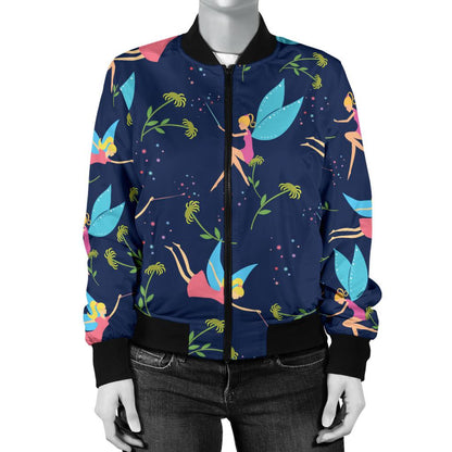 Fairy With Flower Print Pattern Women Casual Bomber Jacket