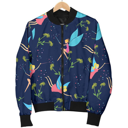 Fairy With Flower Print Pattern Women Casual Bomber Jacket