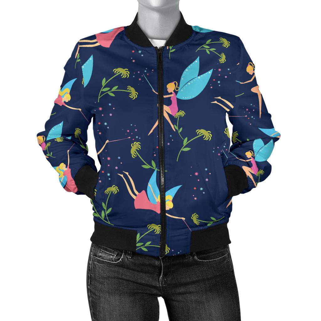 Fairy With Flower Print Pattern Women Casual Bomber Jacket