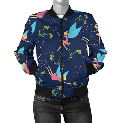 Fairy With Flower Print Pattern Women Casual Bomber Jacket