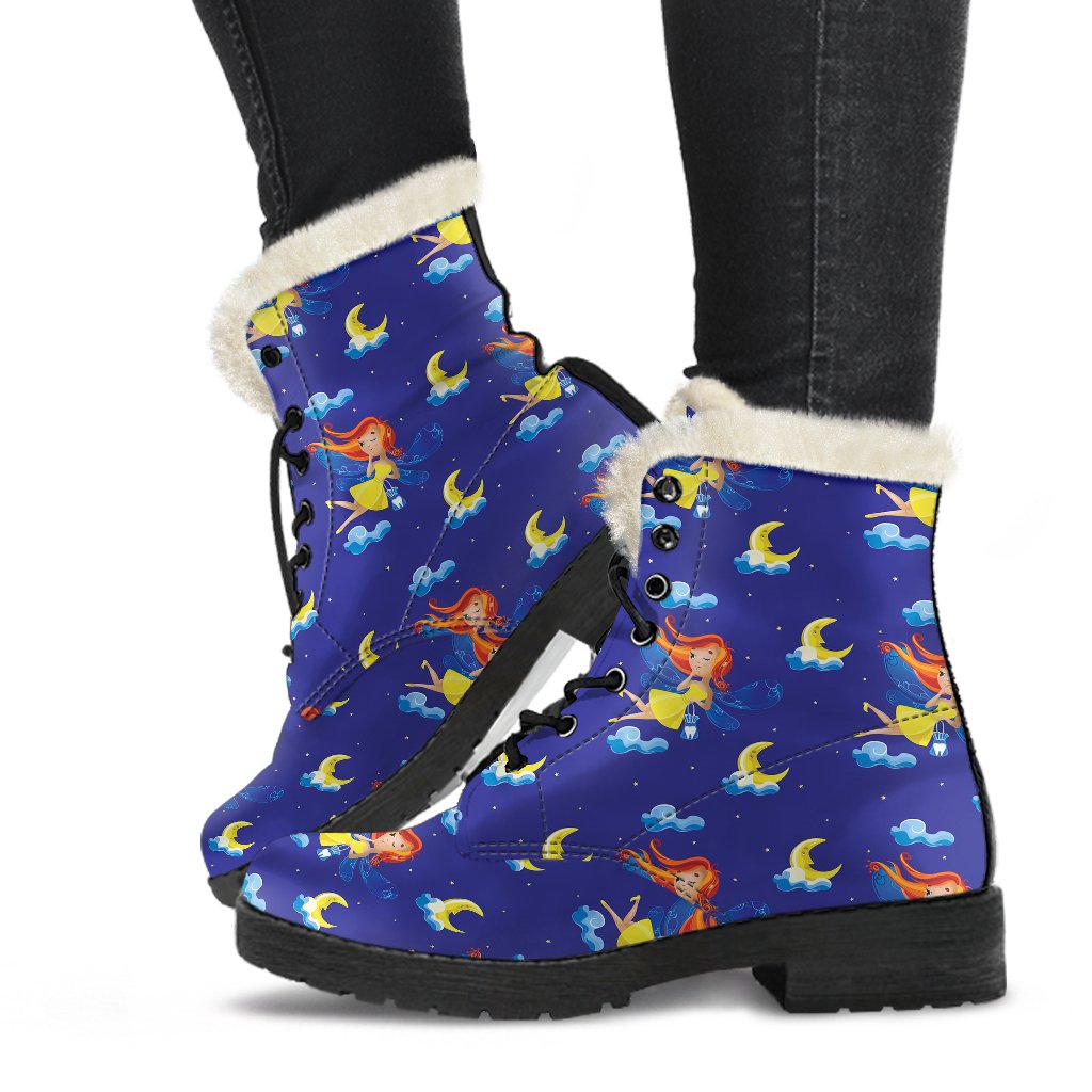 Fairy with Moon Print Pattern Faux Fur Leather Boots-JTAMIGO.COM