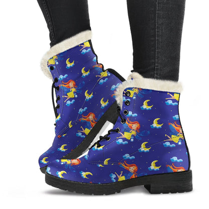 Fairy with Moon Print Pattern Faux Fur Leather Boots-JTAMIGO.COM