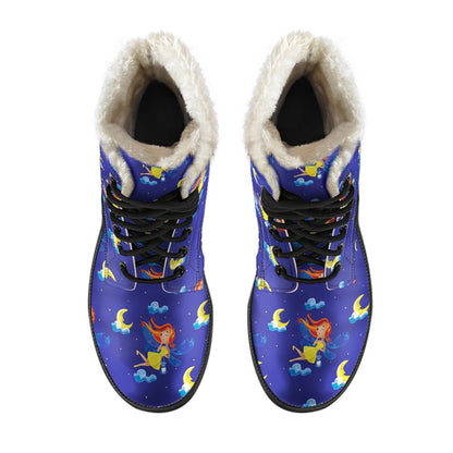 Fairy with Moon Print Pattern Faux Fur Leather Boots-JTAMIGO.COM