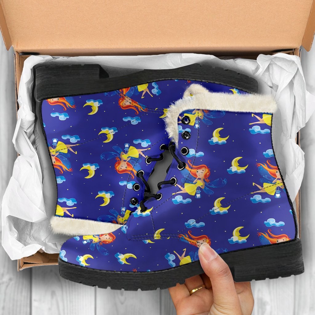 Fairy with Moon Print Pattern Faux Fur Leather Boots-JTAMIGO.COM