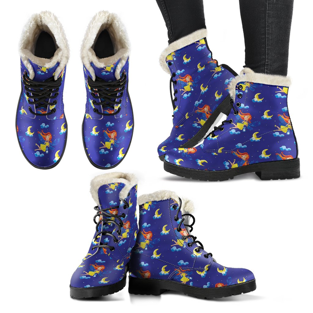 Fairy with Moon Print Pattern Faux Fur Leather Boots-JTAMIGO.COM