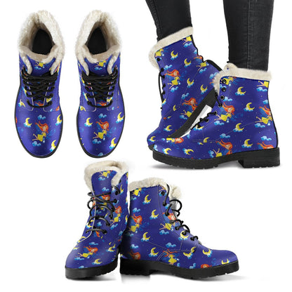 Fairy with Moon Print Pattern Faux Fur Leather Boots-JTAMIGO.COM