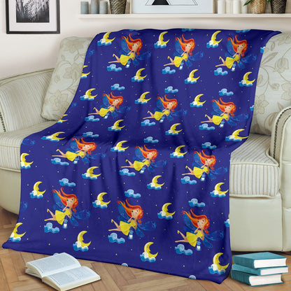 Fairy With Moon Print Pattern Fleece Blanket