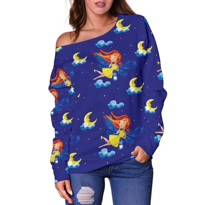 Fairy With Moon Print Pattern Off Shoulder Sweatshirt