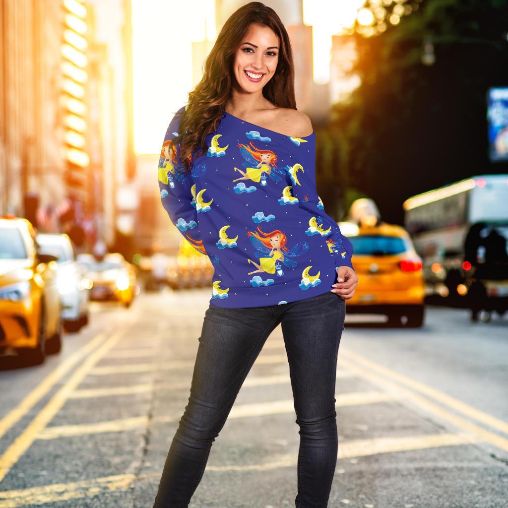Fairy With Moon Print Pattern Off Shoulder Sweatshirt