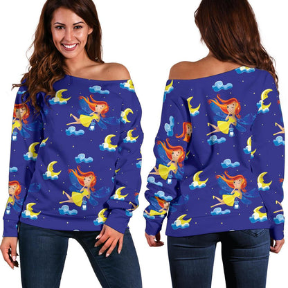Fairy With Moon Print Pattern Off Shoulder Sweatshirt