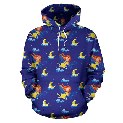 Fairy with Moon Print Pattern Pullover Hoodie